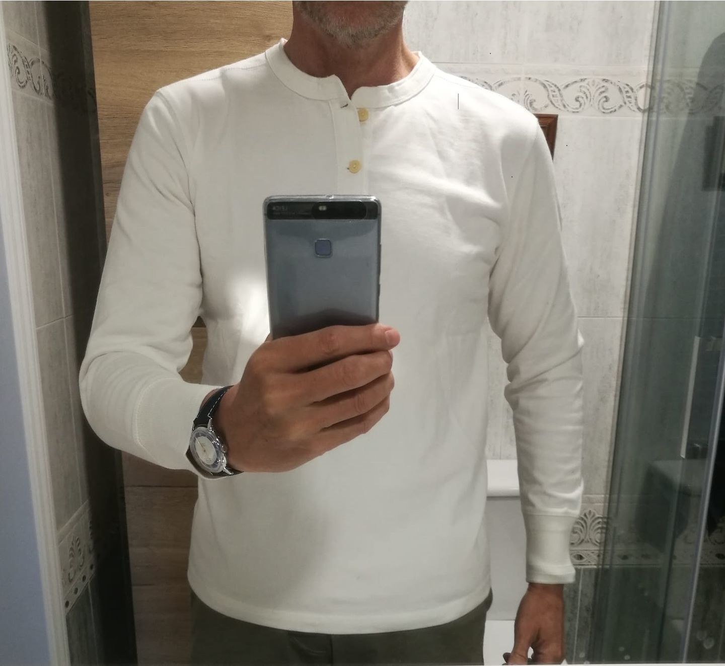 Customer photo review of Vintage Long Sleeve Henley Shirt - White
