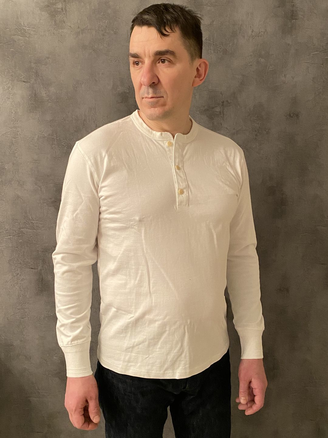 Customer photo review of Vintage Long Sleeve Henley Shirt - White