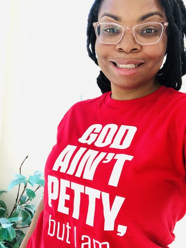 Customer photo review of God Ain't Petty Tee (Red/White)