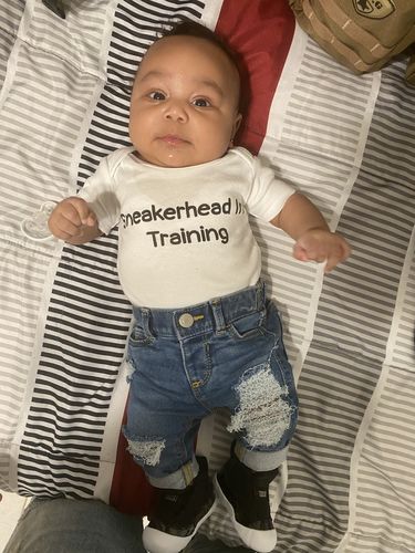 Customer photo review of Sneakerhead In Training Onesie White