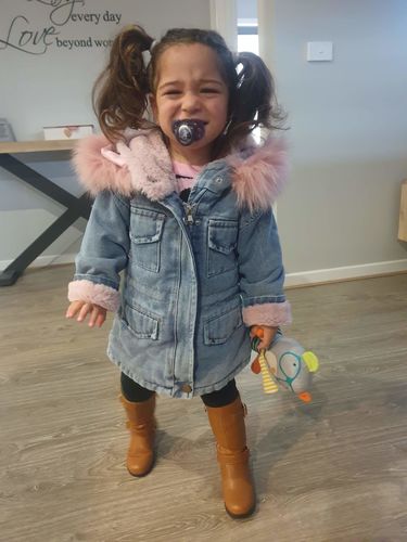 Customer photo review of Fluffy Denim Coat | Pink Furr