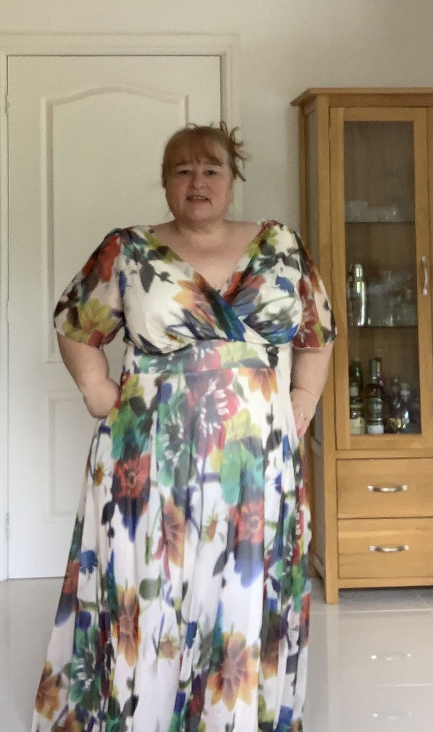 Customer photo review of Isabelle Cream Multi Float Sleeve Maxi Dress