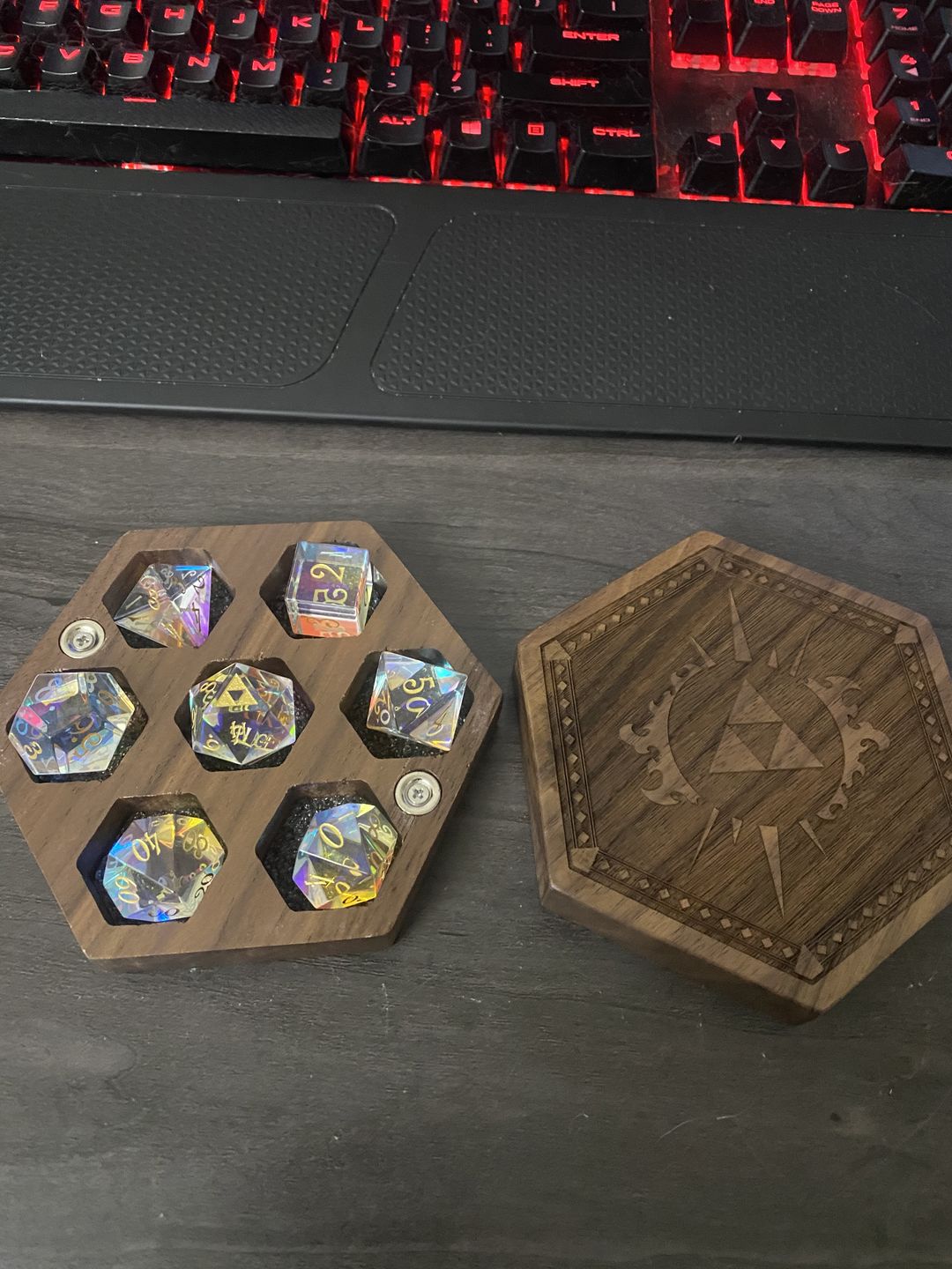 Customer photo review of URWizards Dnd Dichroic Prism Glass Gemstone Engraved Dice Set Triforce