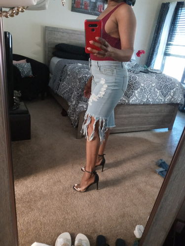 Customer photo review of Ripped Fringe Capri Jeans