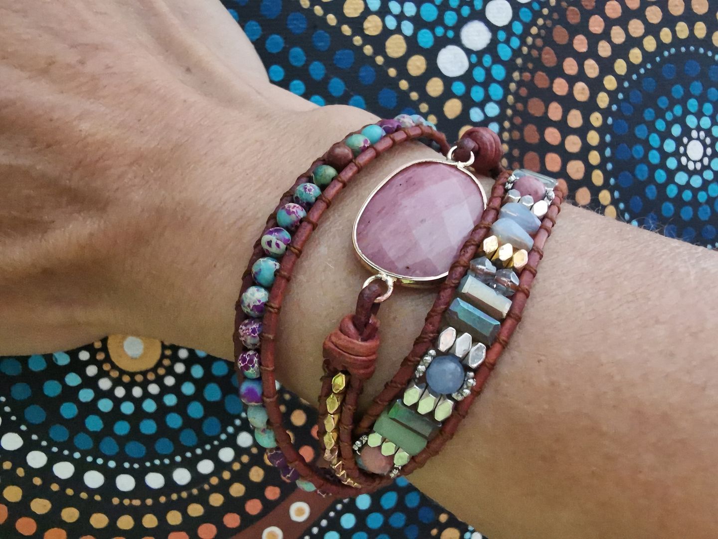 Customer photo review of Natural Rhodonite & Jasper Wrap Bracelet