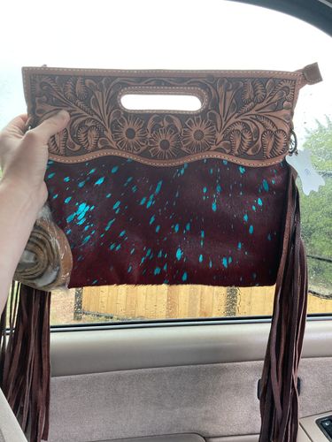 Customer photo review of American Darling Turquoise & Red Cowhide Fringe Crossbody ADBGS146MTRQ