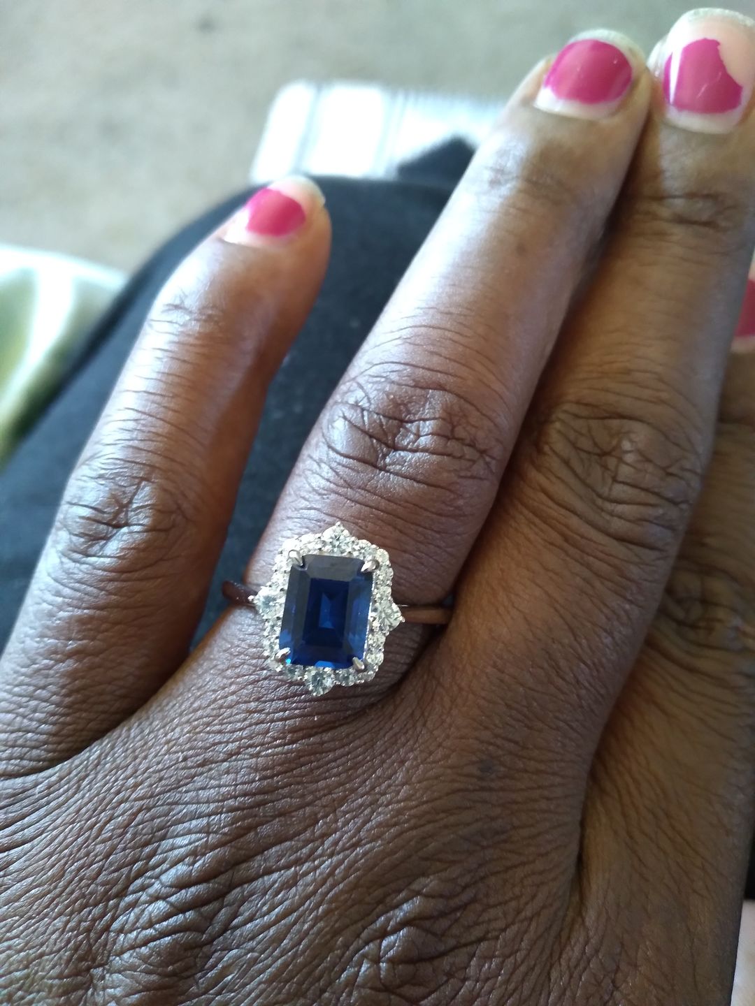 Customer photo review of S925 3.0 Carat Halo Emerald Cut Blue Sapphire Engagement Ring In Sterling Silver