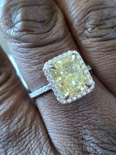 Customer photo review of Louily Halo Radiant Cut Yellow Sapphire  Sona Simulated Diamond Engagement Ring