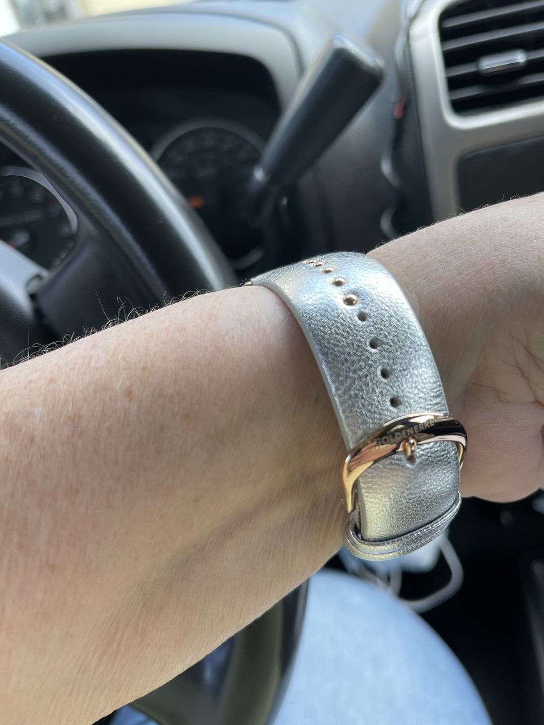 Customer photo review of Metallic Silver Stud Band for the Apple Watch in Rose Gold