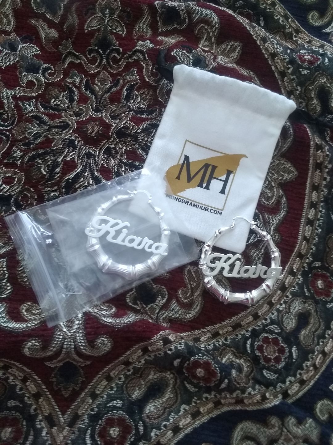 Customer photo review of 2" Bamboo Name Earrings