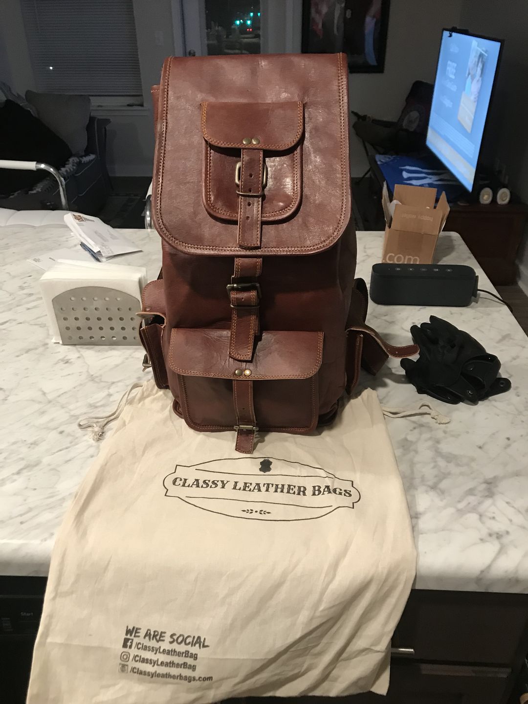 Customer photo review of Large Leather Outdoor Hiking Travel Backpack Rucksack