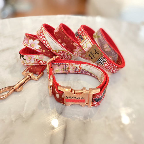 Customer photo review of Engraved dog collar - Japanese Kimono Red sakura