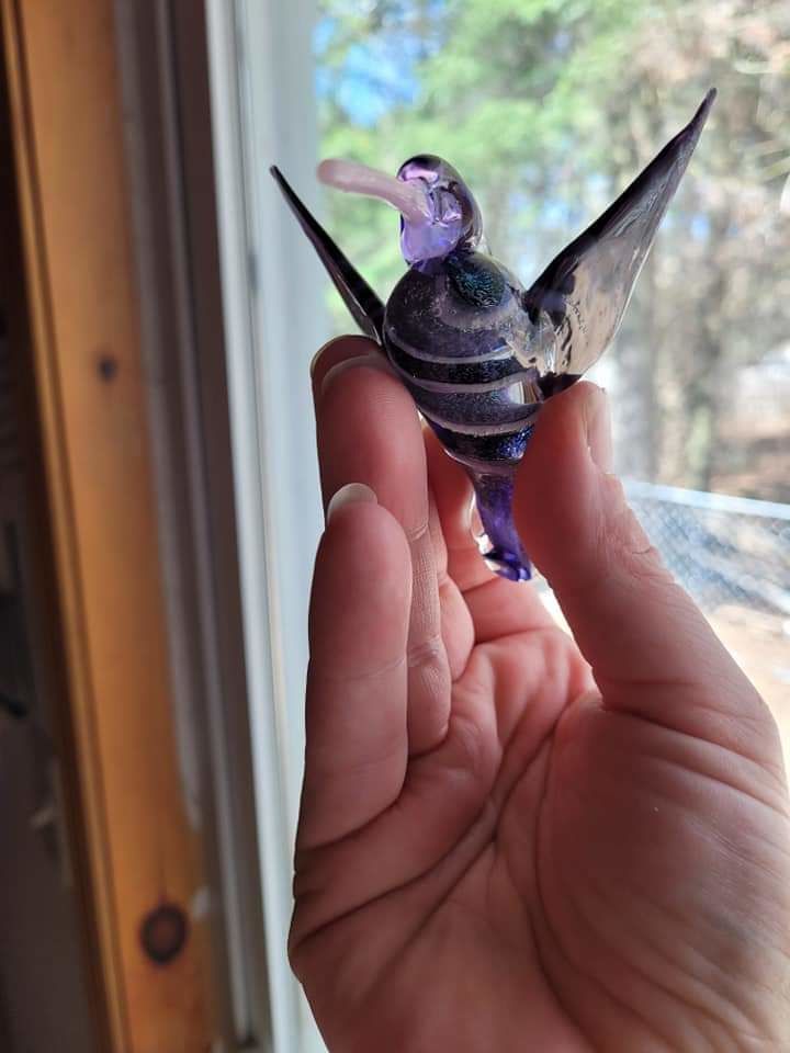Customer photo review of Purple Dichroic Twist Glass Hummingbird with Infused Ash