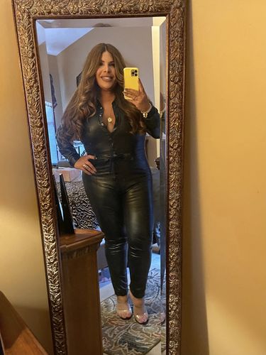 Customer photo review of Button-Front Belted Faux-Leather Jumpsuit