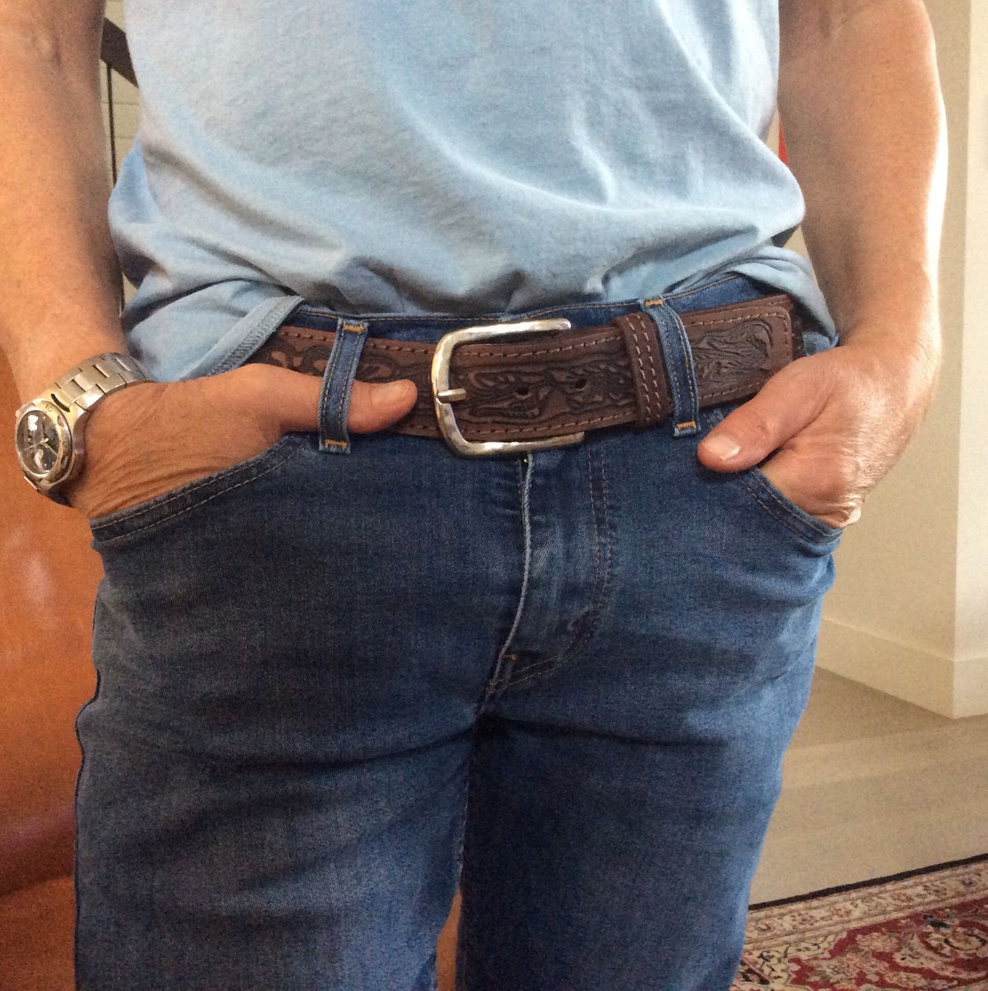 Customer photo review of The Wayfarer Belt - Brown Classic Western Embossed 100% Full Grain Leather Belt