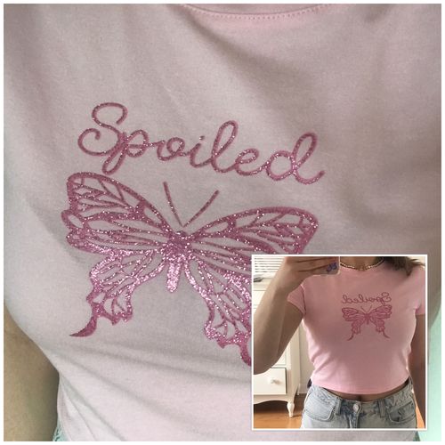 Customer photo review of Pink Glitter Butterfly Letters Crop Top