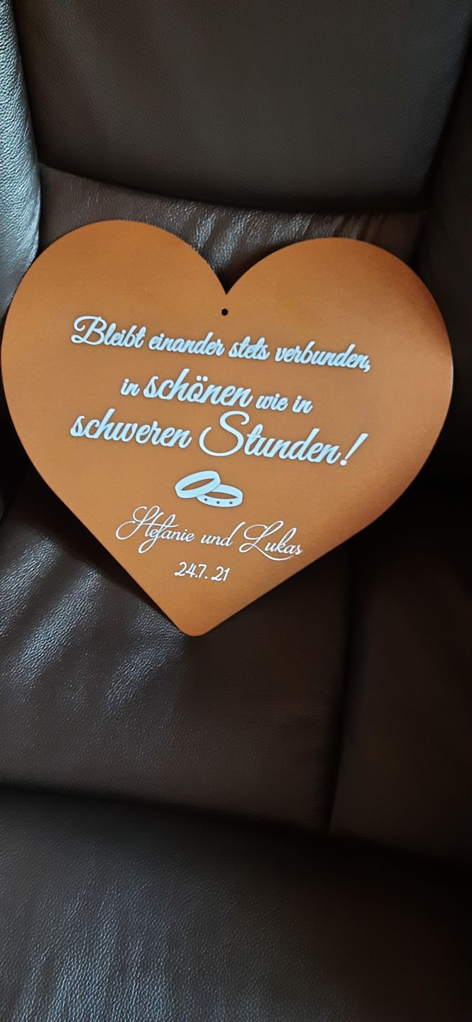 Customer photo review of Hochzeitsgeschenk - Dekoherz  "In schönen wie in schweren Stunden " aus edlem Stahl (personalisierbar)