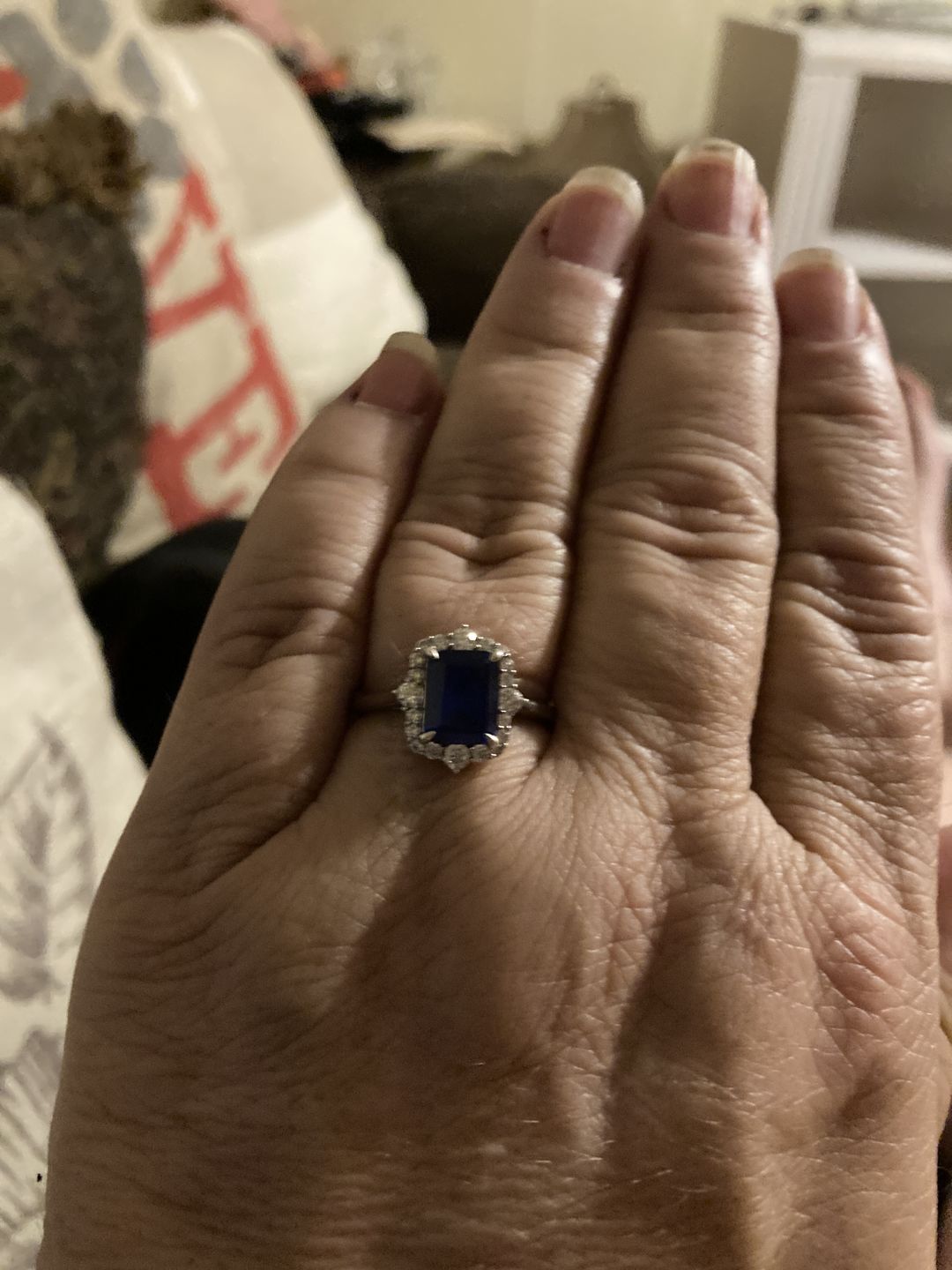 Customer photo review of S925 3.0 Carat Halo Emerald Cut Blue Sapphire Engagement Ring In Sterling Silver