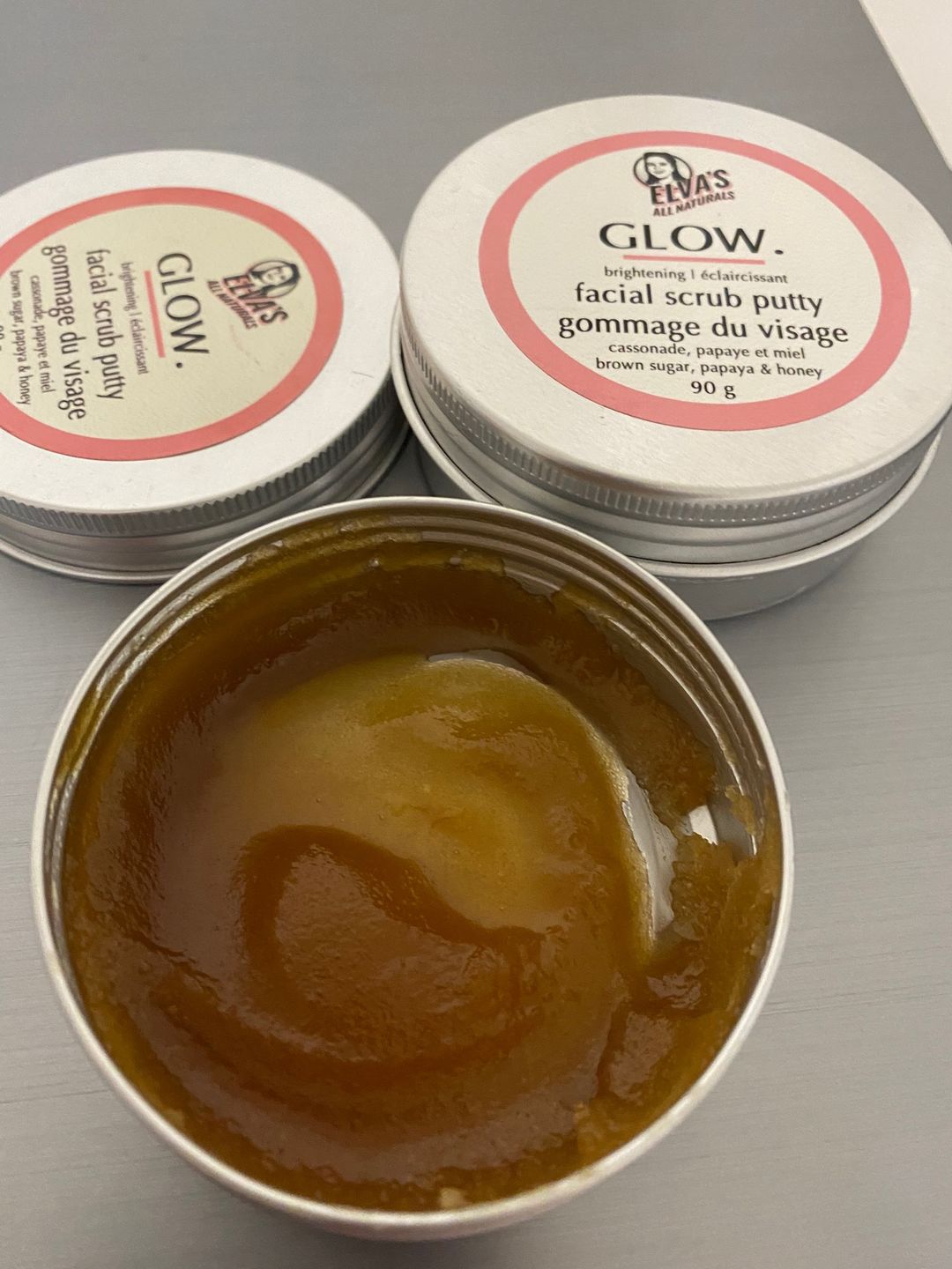 Customer photo review of GLOW. Brightening Facial Scrub Putty | With Brown Sugar, Organic Honey and Papaya Enzymes