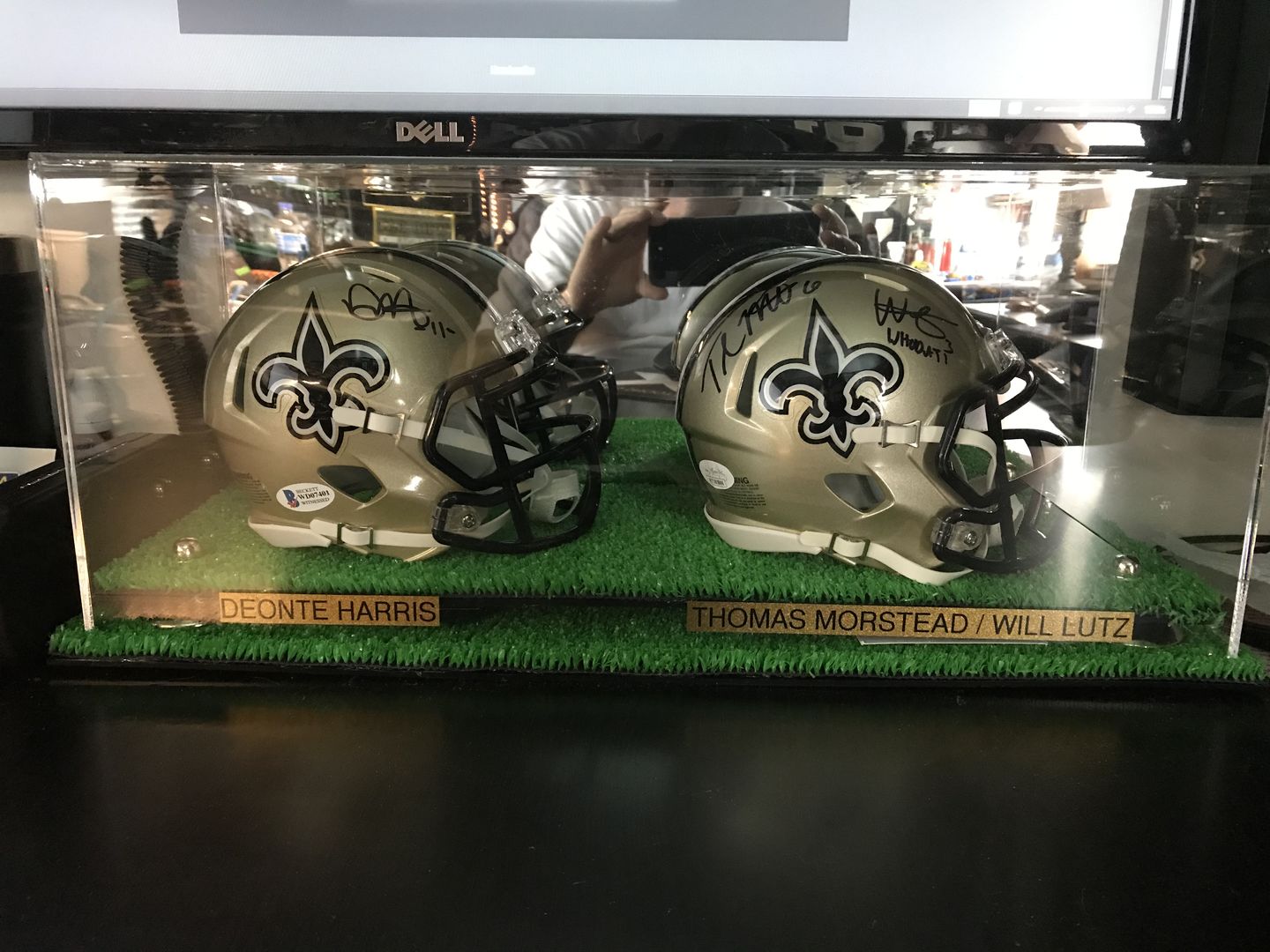 Customer photo review of 2 Mini Helmet or Mini Football with Mini Helmet (not Full Size) Display Case with Risers Mirror