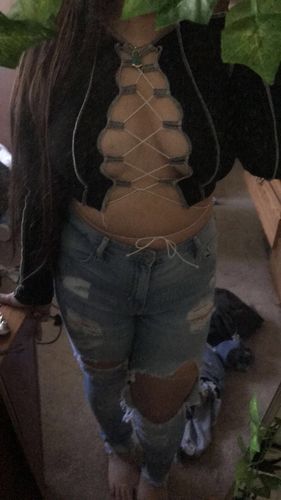 Customer photo review of Lace up long sleeve patchwork top