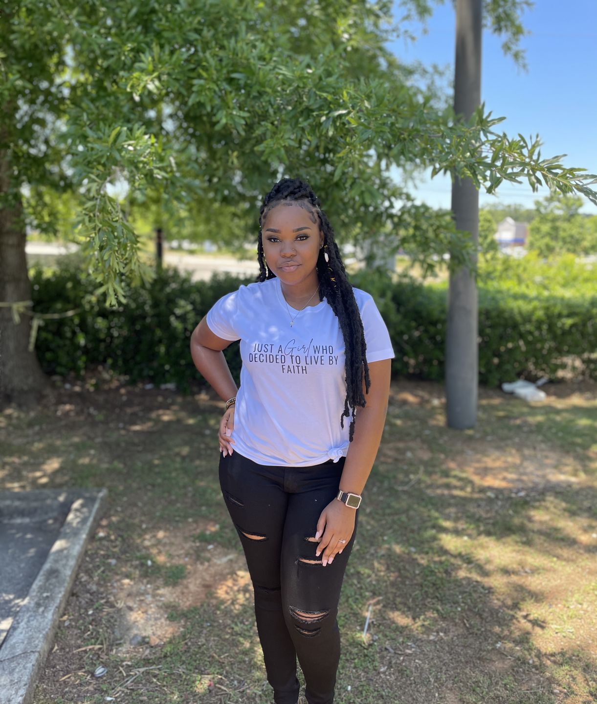 Customer photo review of Just A Girl Living By Faith T-Shirt - White