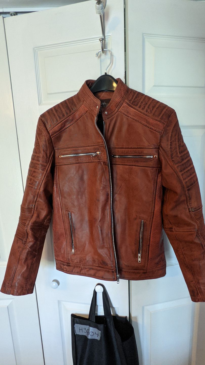 Customer photo review of Vintage Cafe Racer Cowhide Leather Moto Jacket
