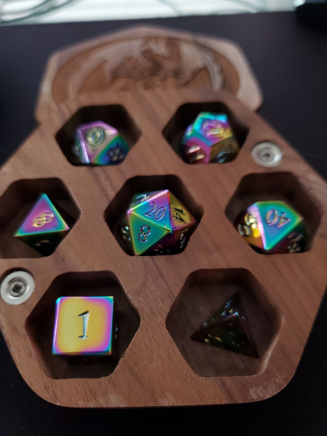 Customer photo review of IRIDESCENT SHARP-EDGED METAL DICE SET