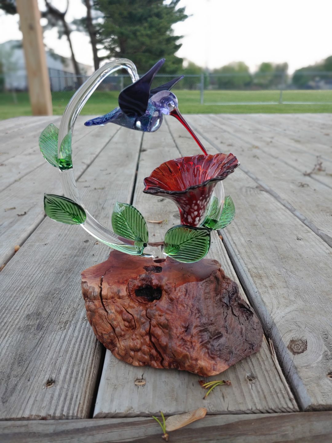 Customer photo review of Purple Dichroic Twist Glass Hummingbird with Infused Ash