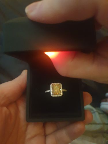 Customer photo review of Louily Halo Radiant Cut Yellow Sapphire  Sona Simulated Diamond Engagement Ring