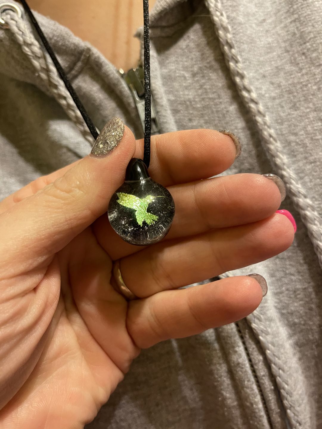 Customer photo review of Hummingbird Hologram Pendant with Infused Cremation Ash