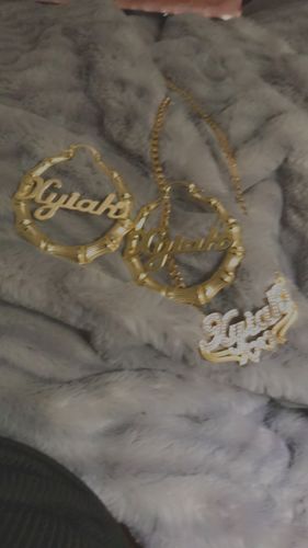 Customer photo review of Kids 1.5" Bamboo Name Earrings