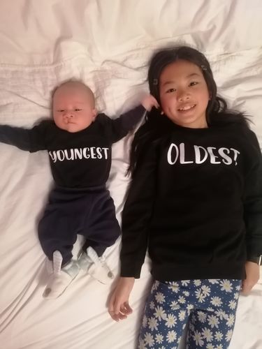 Customer photo review of New Sibling Oldest/Youngest/Middle Black Sweatshirt & Bodysuits (MRK X)