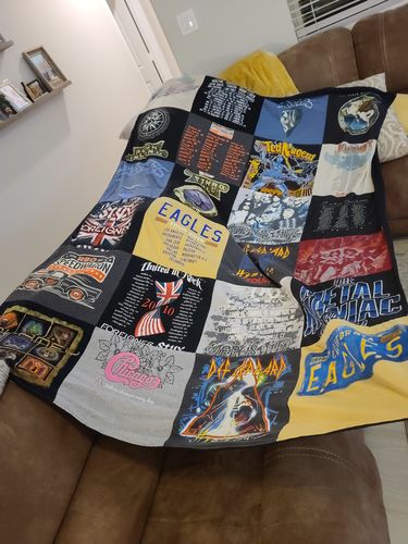 T-shirt quilt with music, concerts themes by Karen from TX