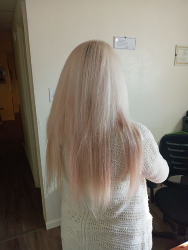Customer photo review of Full Shine 100% Human Hair Halo Extensions Platinum Blonde (#60)