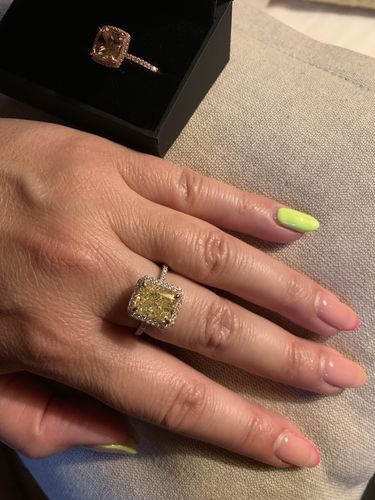 Customer photo review of Louily Halo Radiant Cut Yellow Sapphire  Sona Simulated Diamond Engagement Ring