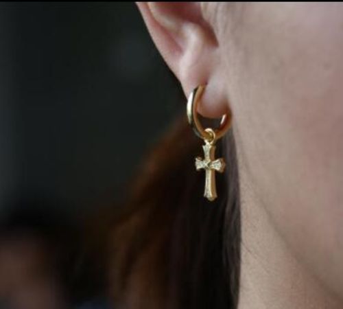 Customer photo review of 925 Sterling Silver Iris Hoop Dangle Cross Men's Earrings in 14K Gold