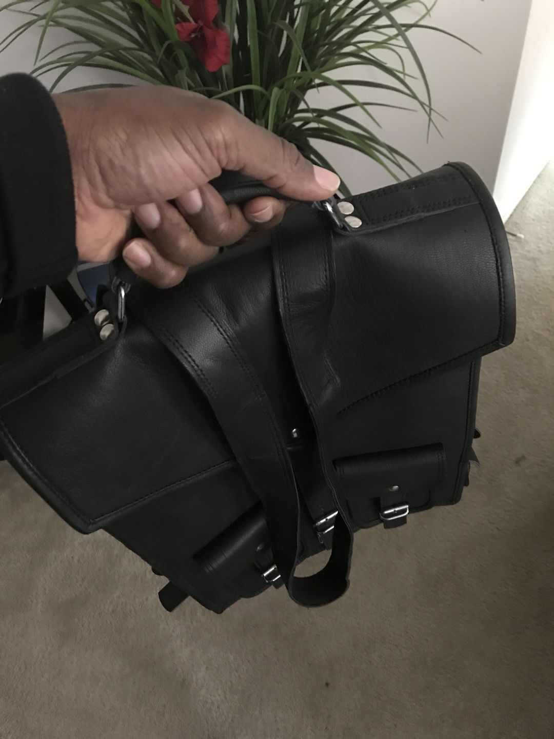 Customer photo review of Black Soft Leather 2-In-1 Convertible Backpack Messenger Bag