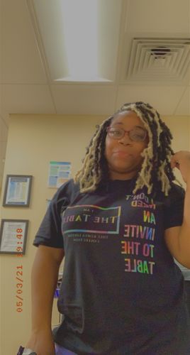 Customer photo review of I AM The Table Multi-Color Tee (Front Print)