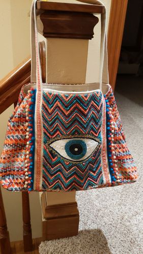 Customer photo review of Evil Eye Good Luck Hand Beaded Orange and Blue Tote Bag