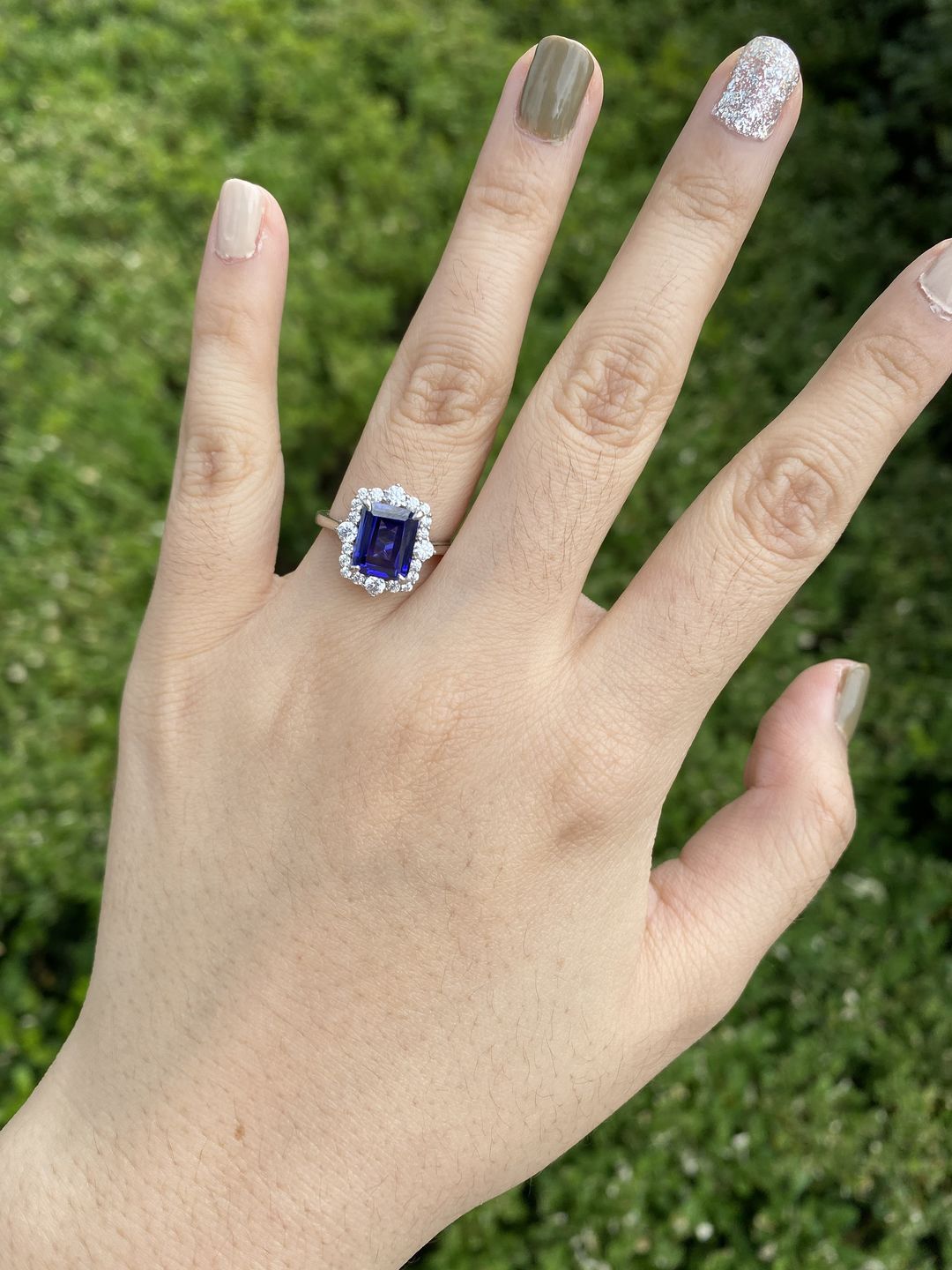 Customer photo review of S925 3.0 Carat Halo Emerald Cut Blue Sapphire Engagement Ring In Sterling Silver