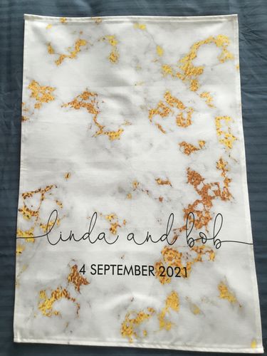 Customer photo review of White Gold Personalised Marble Text Tea Towel