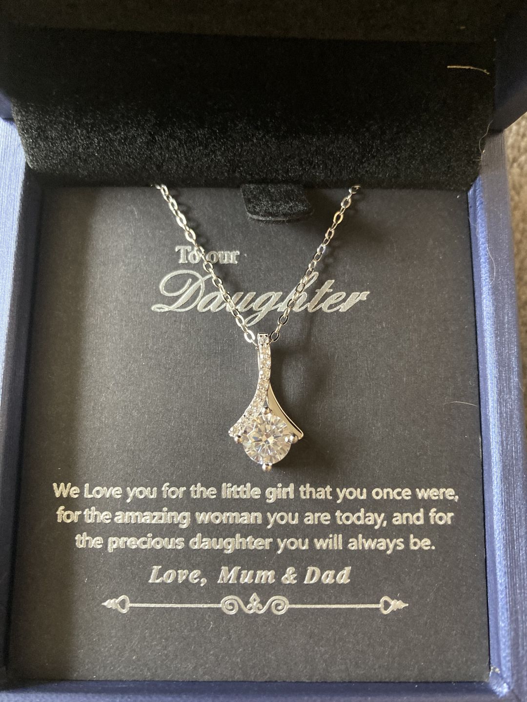 Customer photo review of "To Our Daughter, Love mum & Dad" White gold necklace