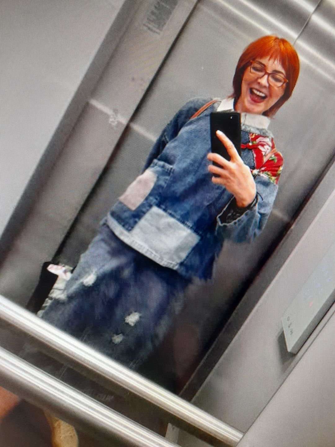 Customer photo review of Women Retro Stitching Patchwork Print Floral Denim Sweatshirt