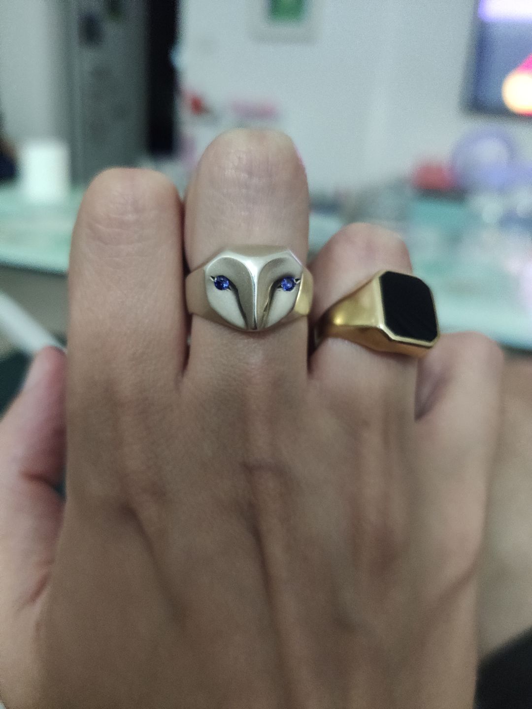 Customer photo review of Owl Ring with Sapphire Eyes