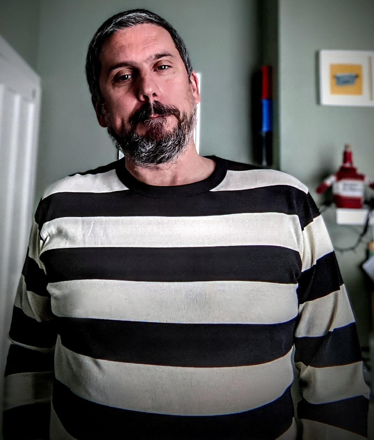 Customer photo review of 9 oz Wide Striped Long Sleeve T-Shirt