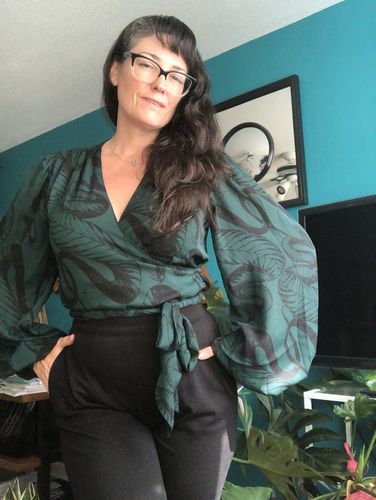 Customer photo review of Georgette Wrap Top in Serpentine Print by Natalie Hall