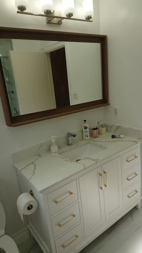 Customer photo review of BLISS- 48" BUTTERNUT, Mirror With Wood Frame and Bottom Shelf