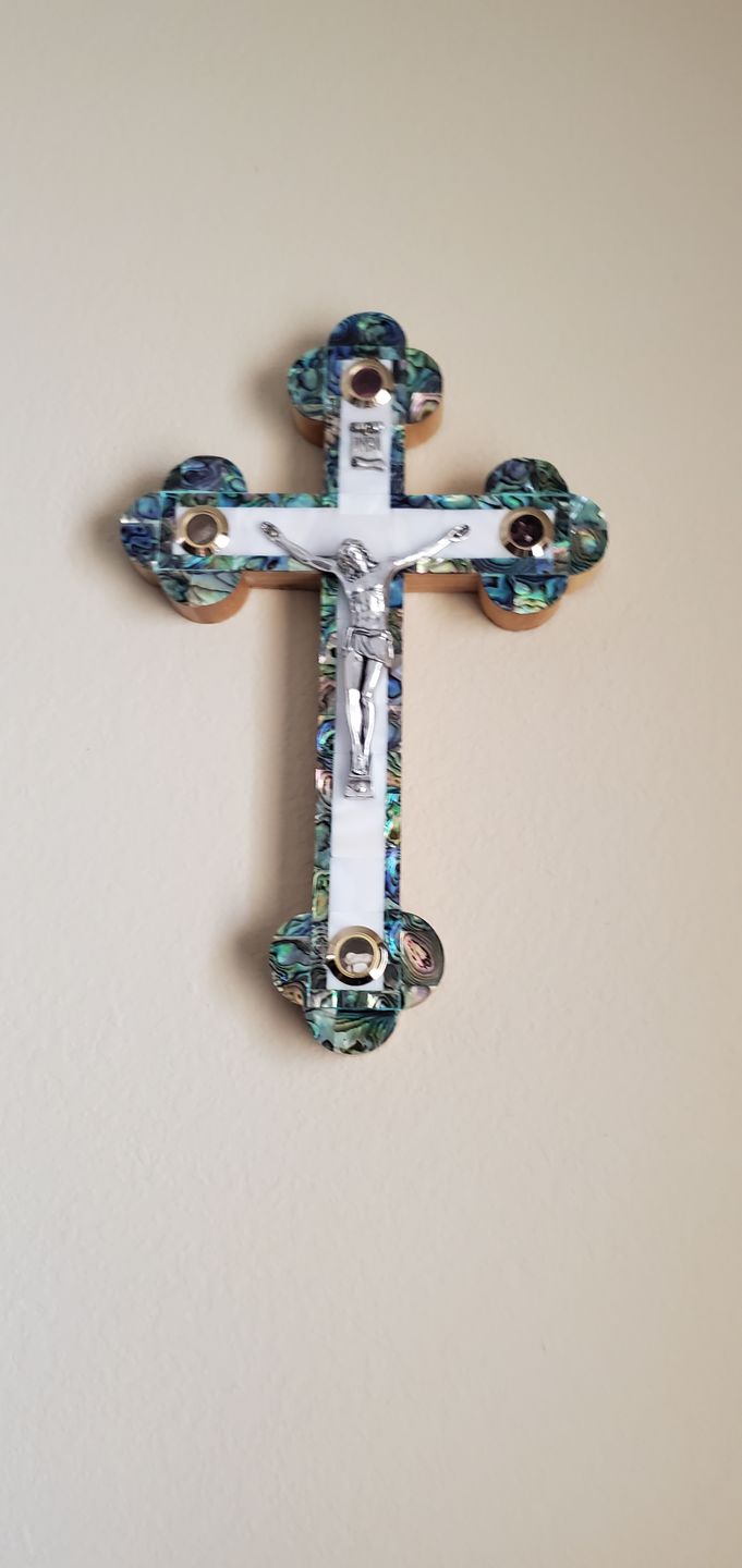 Customer photo review of Olive Wood Crucifix (Fully covered with Mother of Pearl) - Holy Land Crucifixes