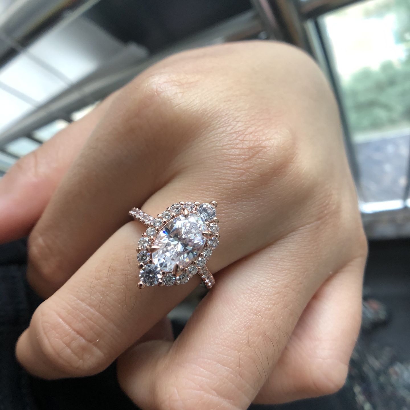 Customer photo review of Louily Unique Design Halo Oval Cut Simulated Diamond Engagement Ring In Sterling Silver